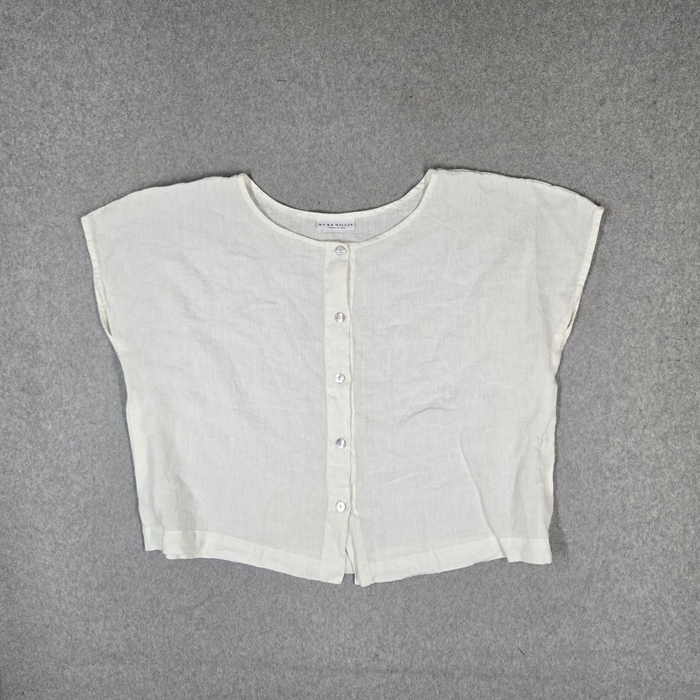Bryn Walker Women Blouse 1X White Linen Button Scoop Neck Coastal READ